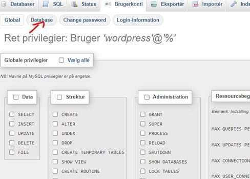 Database privilegier WordPress