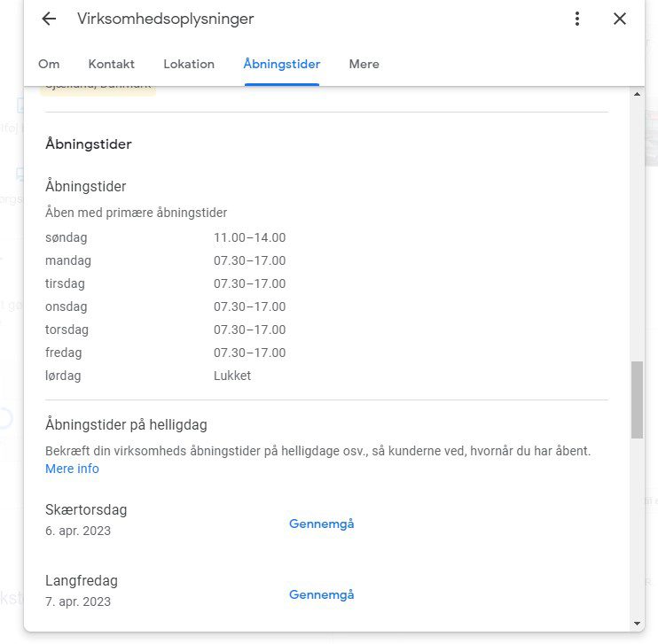 Google My Business Åbningstider
