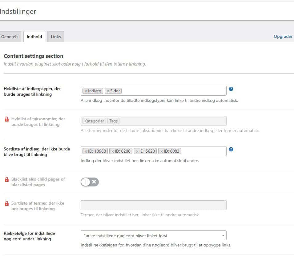 Indstillinger i Internal Link Juicer