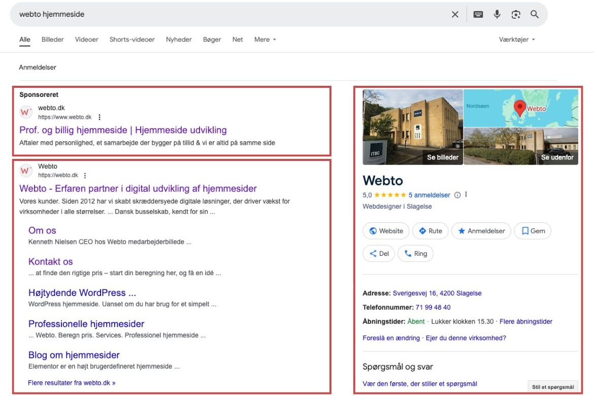Et eksempel på hvordan en virksomhed bliver vist på side 1 af google ved at kombinere betalt og organisk søgetrafik