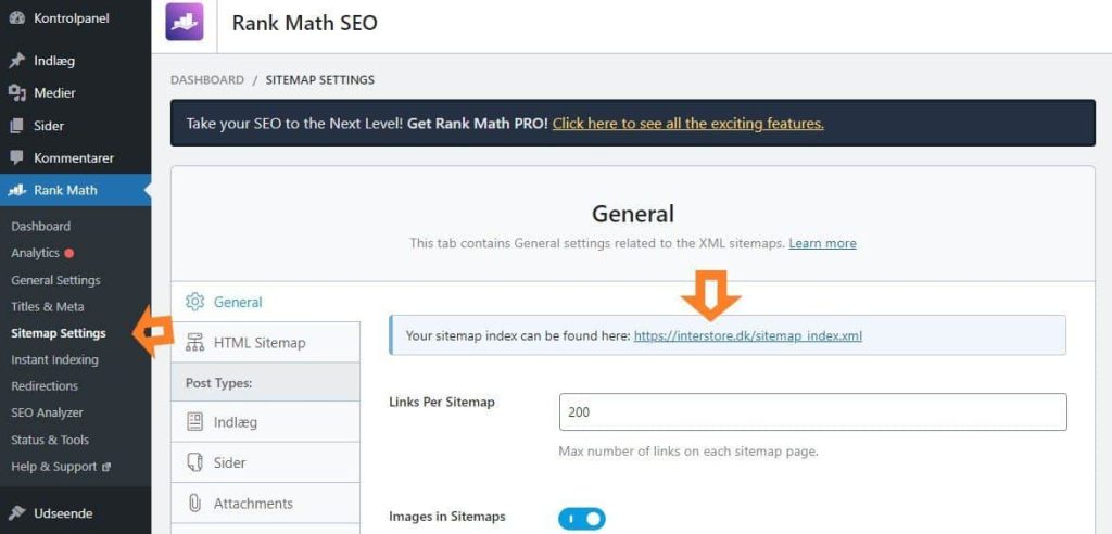 Opsætte sitemap i Rank Math