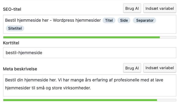SEO-optimering i Yoast SEO. SEO-titel, korttitel og metabeskrivelse