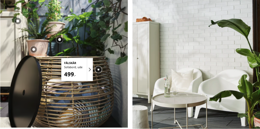 Eksemplet af Interaktivt miljøbillede fra IKEA’s forside, med henvisning til produkter.