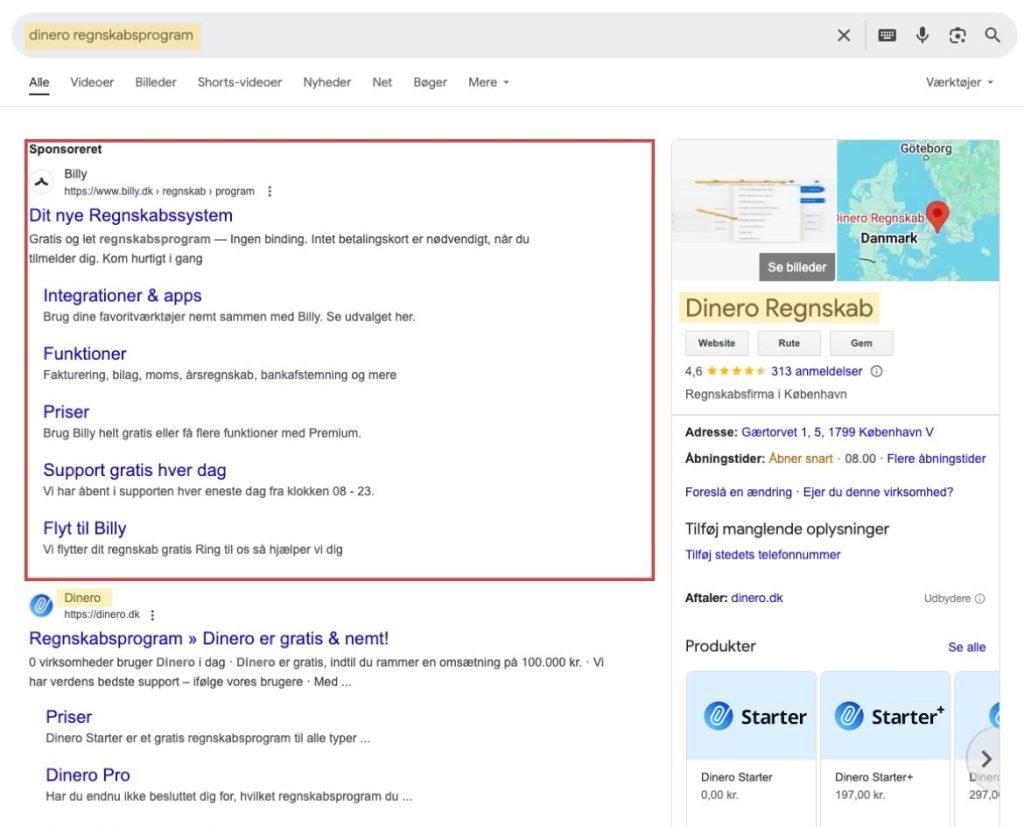 Et eksempel på, hvordan konkurrent vises højere i søgeresultatet i google ved at have brandkampagner